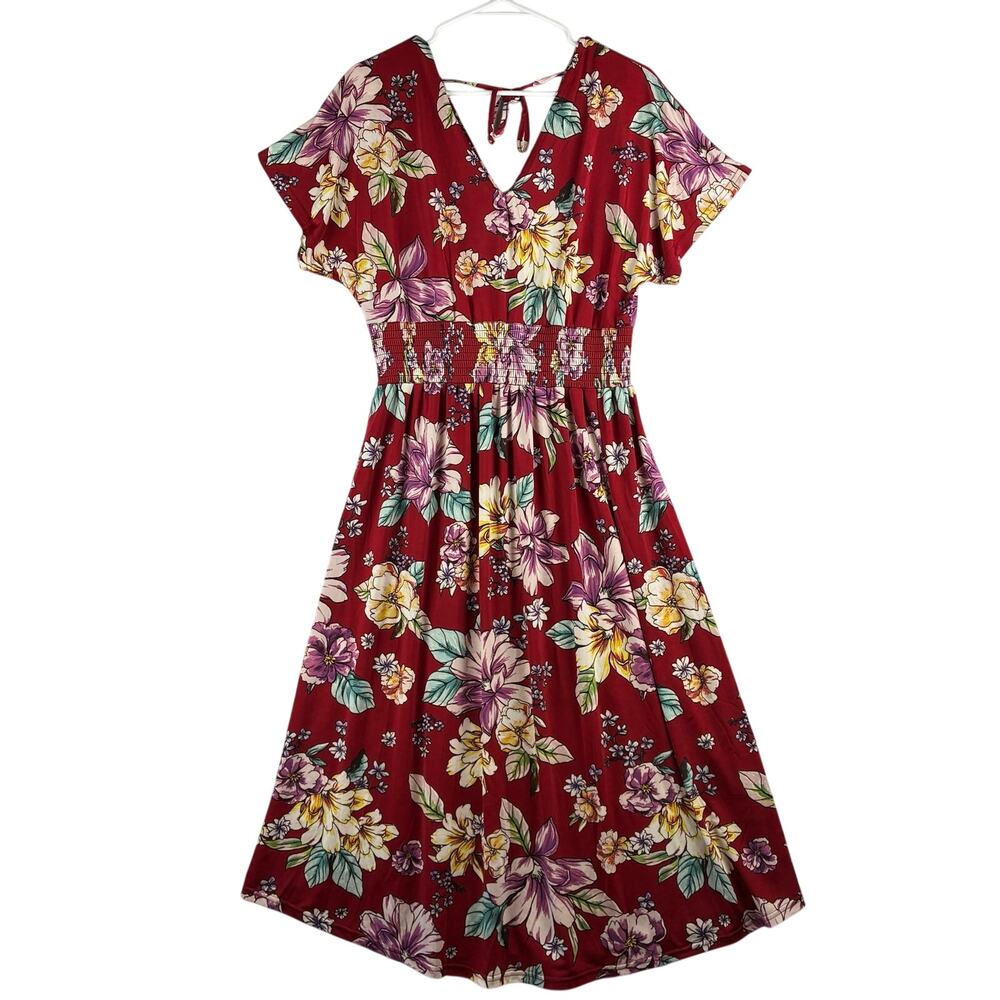 Lildy Tassel Tie Back Maxi Dress Womens L/XL Red Floral V Neck Feminine Vacation